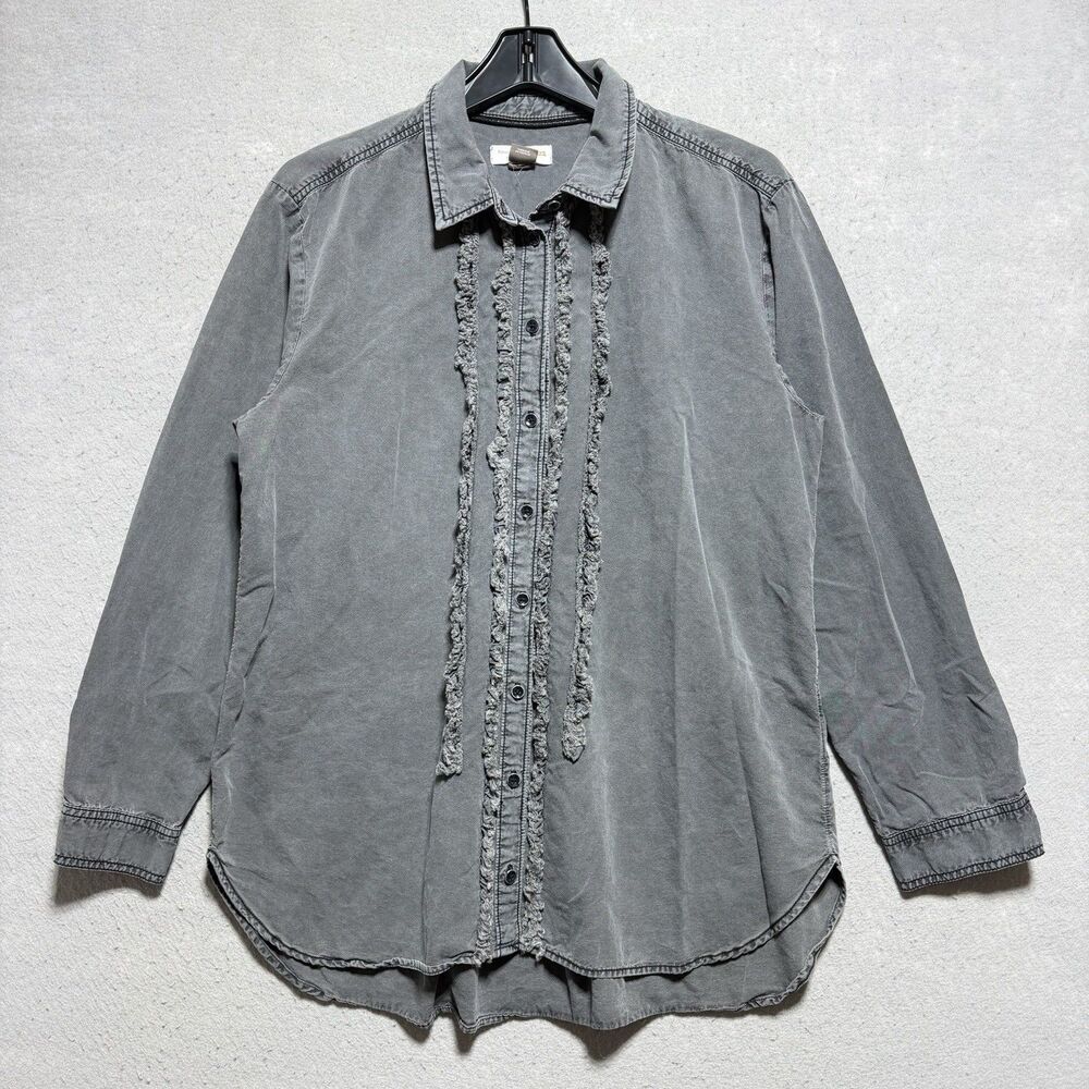 Pilcro By Anthropologie Ruffle Button Down Cotton Gray Denim Shirt Women’s Large